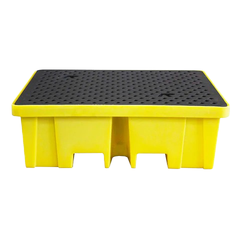 Yellow polyethylene 4-drum spill pallet with black grid