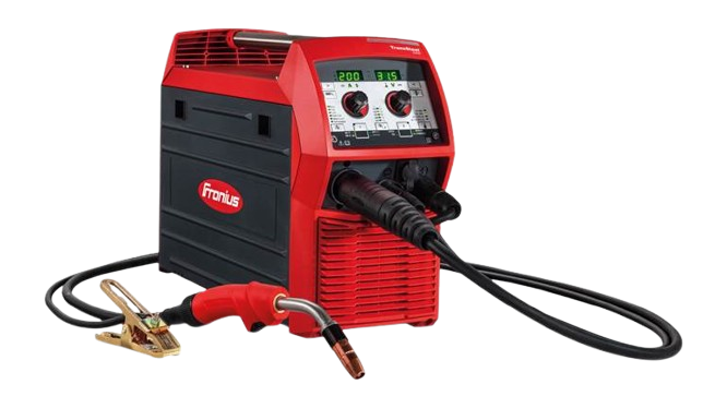 Red portable MIG/MAG welding machine with torch and clamp