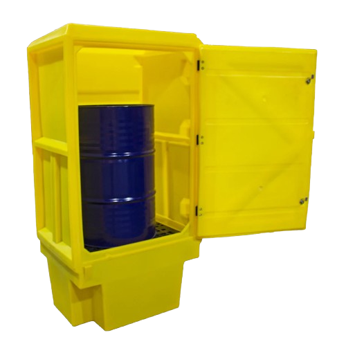 Yellow polyethylene COSHH storage cabinet with a drum inside