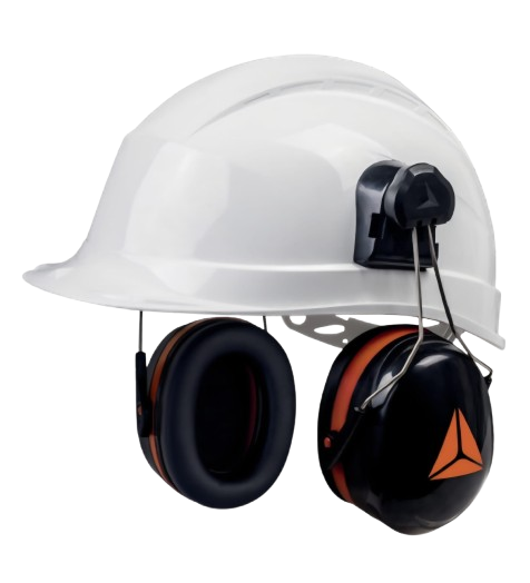 Beyaz barete takılı Delta Plus MAGNY HELMET 2 kulak koruyucu
