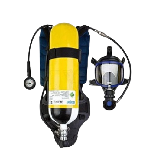 Dräger PAS Lite breathing apparatus with yellow cylinder and full-face mask