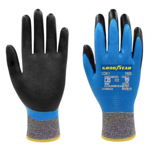 Siyah avuç içi, mavi tam kaplı Goodyear çift kaplı eldiven