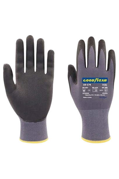 Gri astarlı, siyah avuç içi kaplı Goodyear 16-174 iş eldiveni