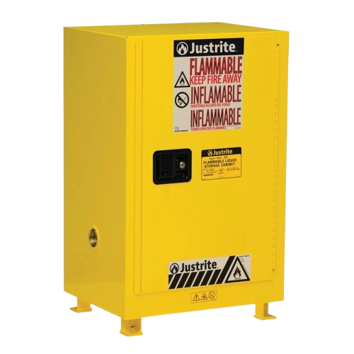 Yellow Justrite 45-litre compact single-door flammable cabinet