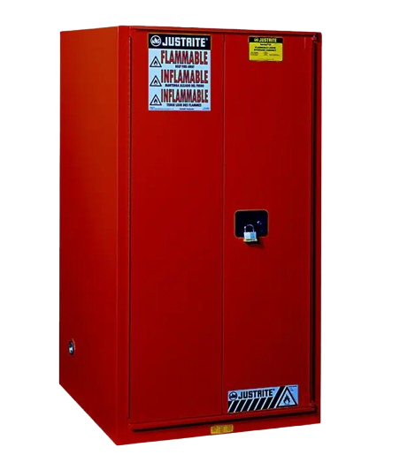 Red Justrite 227-litre two-door flammable liquids cabinet