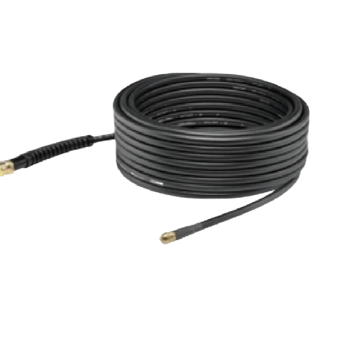 Coiled black drain cleaning hose with jetting nozzle