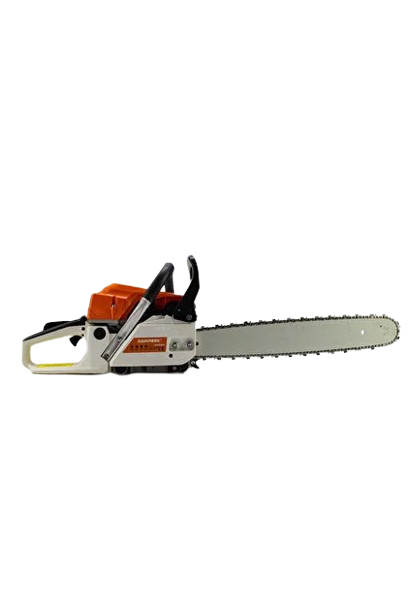 Orange and white petrol chainsaw