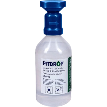 Pitdrop chemical eye-wash solution bottle with blue cap