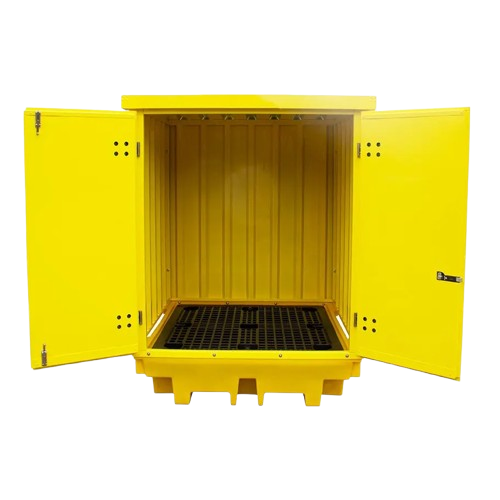 Yellow Romold BP4HCS covered 4-drum spill pallet with doors open