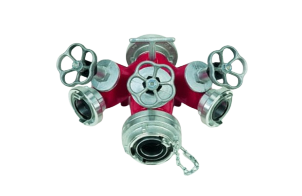 Red multi-outlet valved fire hose distributor