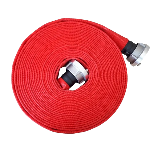 Rolled red fire hose with aluminium couplings