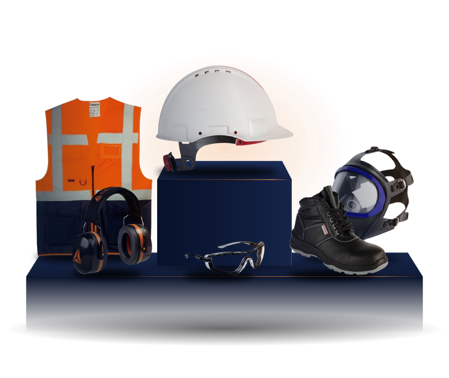 A selection from the Mefer Global catalogue: safety helmet, earmuffs, full-face mask, safety boot, safety glasses and a high-visibility engineer vest
